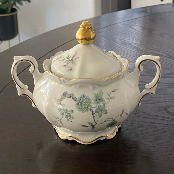 Mitterteich Bavaria Green Ming Gold Trim Sugar Bowl With Lid - Picture 6 of 8